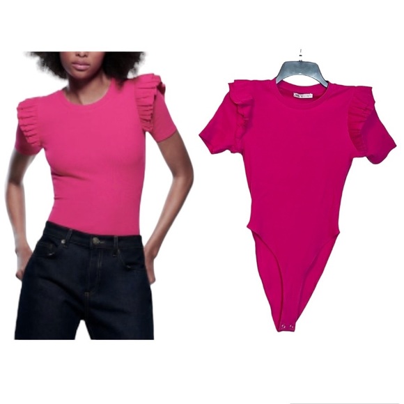 Zara Ribbed Ruffle Sleeve Pink Bodysuit size Medium - Picture 12 of 12